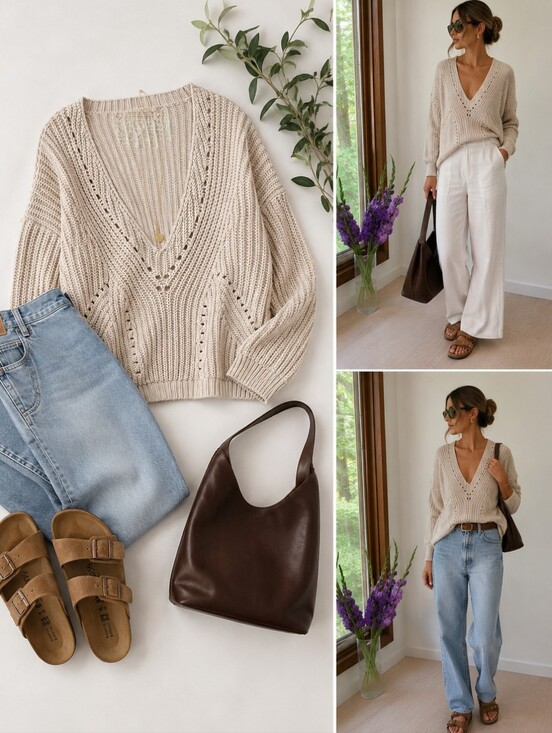 Free People Sweaters - Free People Cotton Light Beige V-Neck Knit Sweater - Women's Sweater XS